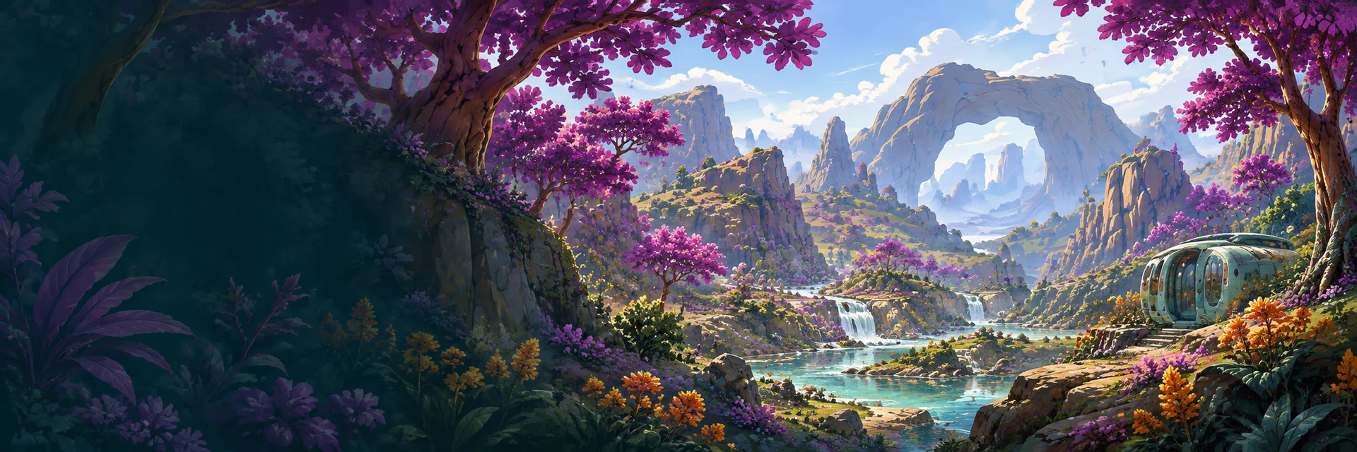 Illustrated alien valley with violet trees and a riverside research habitat